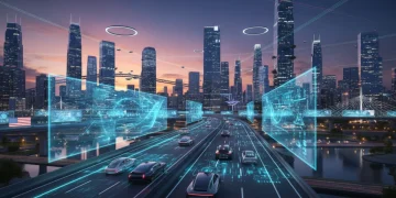 Futuristic highway with autonomous vehicles in dedicated lanes, smart infrastructure, and digital overlays, representing advanced US mobility.
