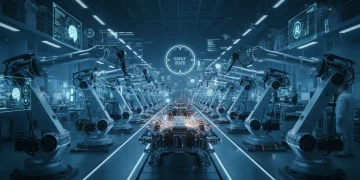 Futuristic US manufacturing facility with Edge AI optimizing operations