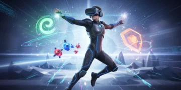 Futuristic VR headset on gamer with holographic game elements