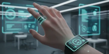 Futuristic smart ring and smartwatch displaying health data on a hand
