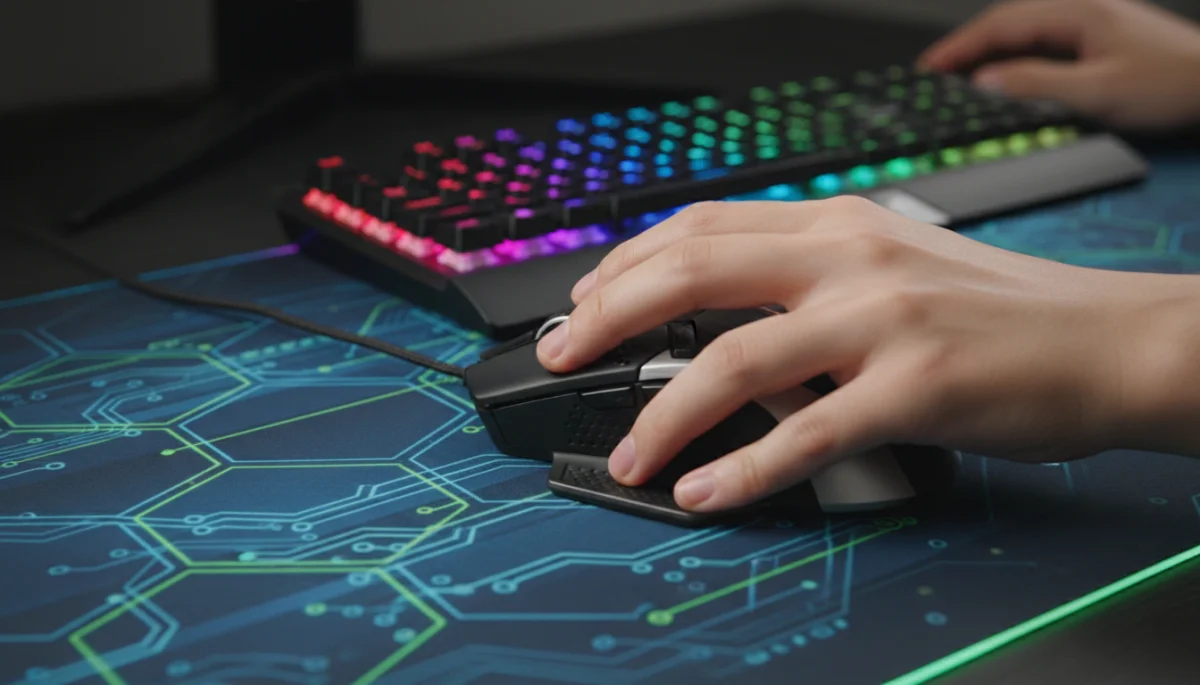 Gamer's hands on a high-precision gaming mouse and mechanical keyboard