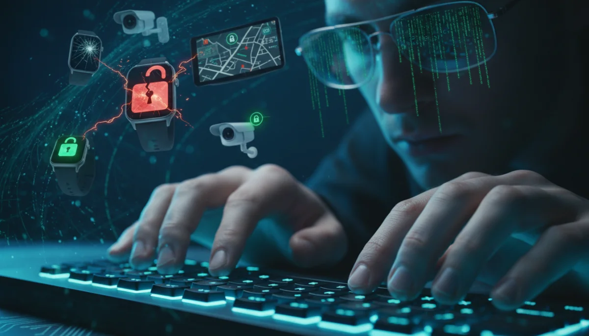 Hacker exploiting IoT device vulnerabilities with code
