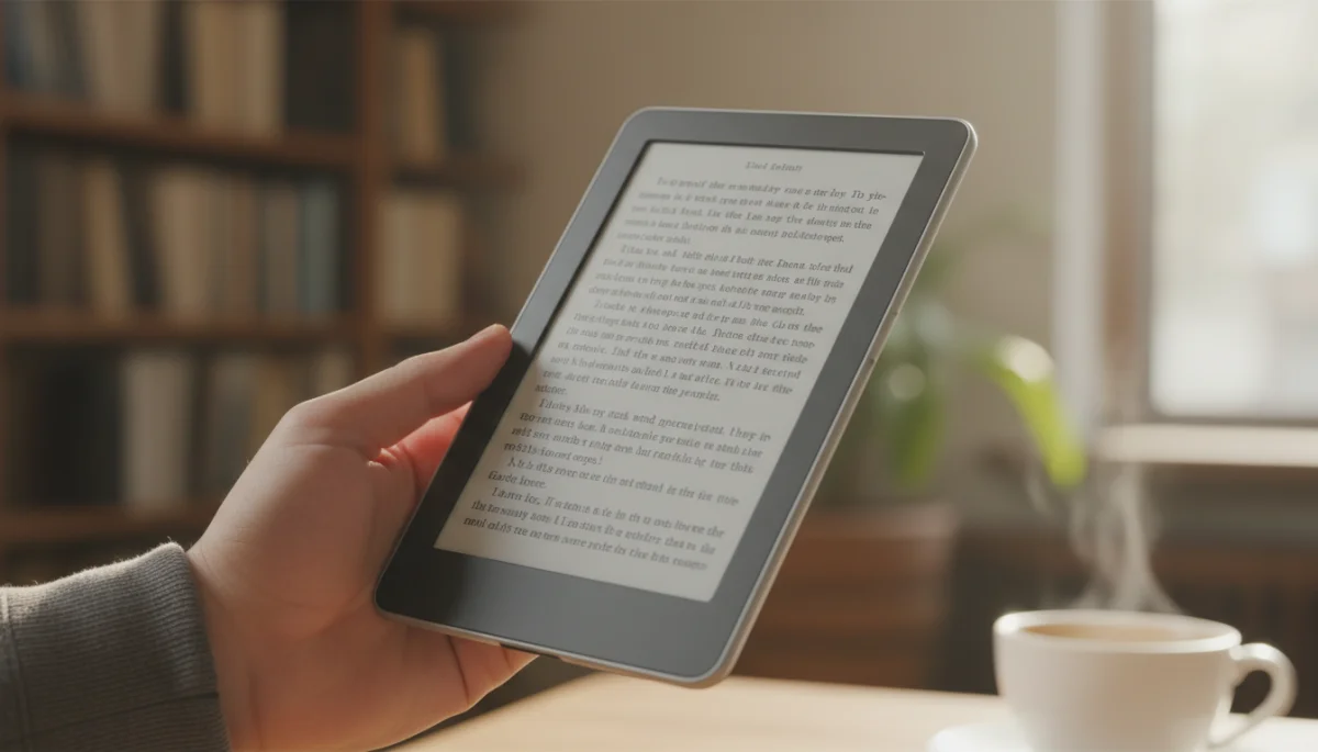 Hand holding a modern e-reader with a crisp, glare-free E Ink display