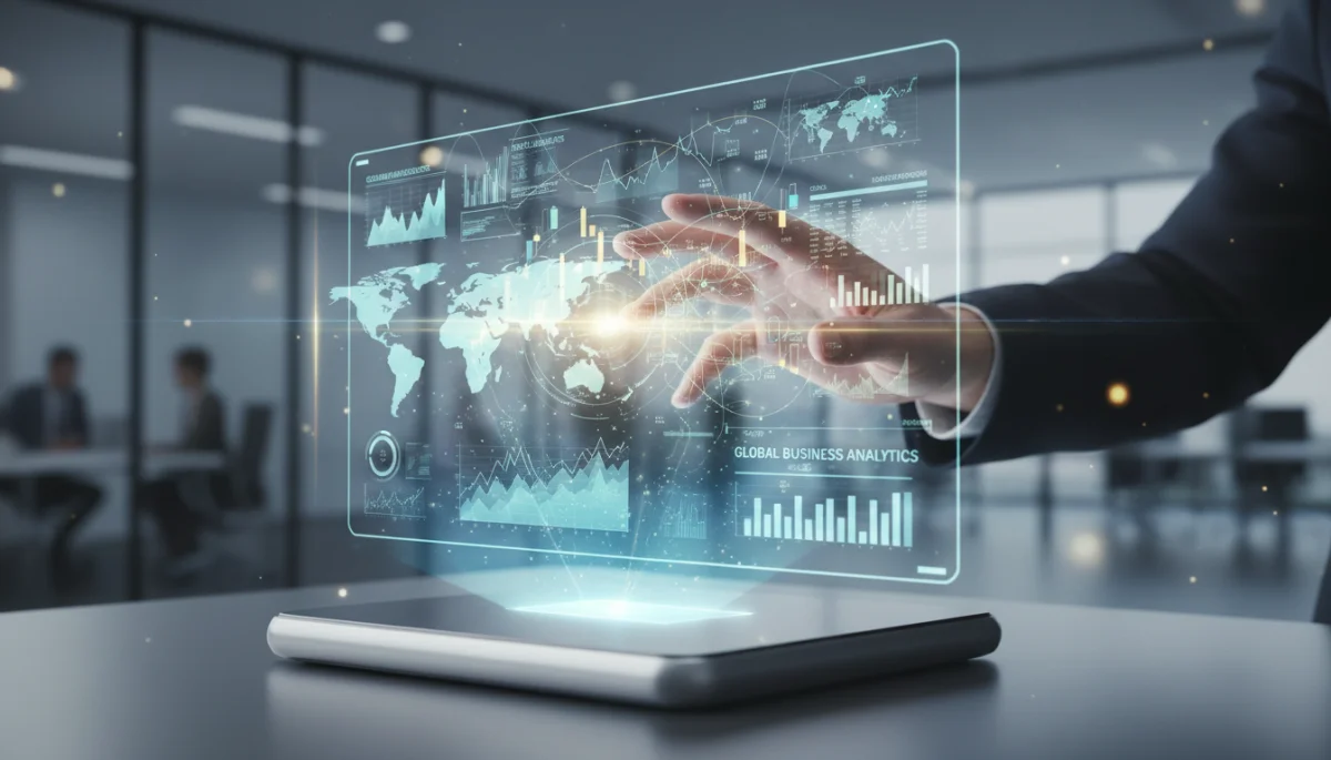 Interactive holographic data visualization for business analysis.