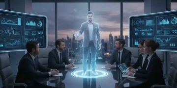Holographic meeting in a modern office, showing business collaboration through advanced 3D projections.