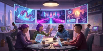 Indie game developers collaborating on innovative projects in a modern studio