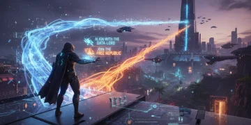 Futuristic video game character choosing between branching narrative paths, symbolizing interactive storytelling and player agency.