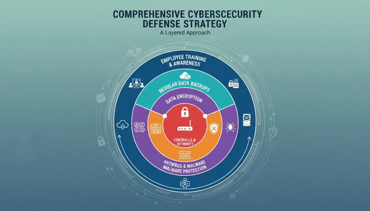 Layered cybersecurity defense strategy infographic