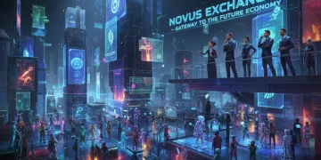 Futuristic metaverse cityscape with digital avatars and business professionals