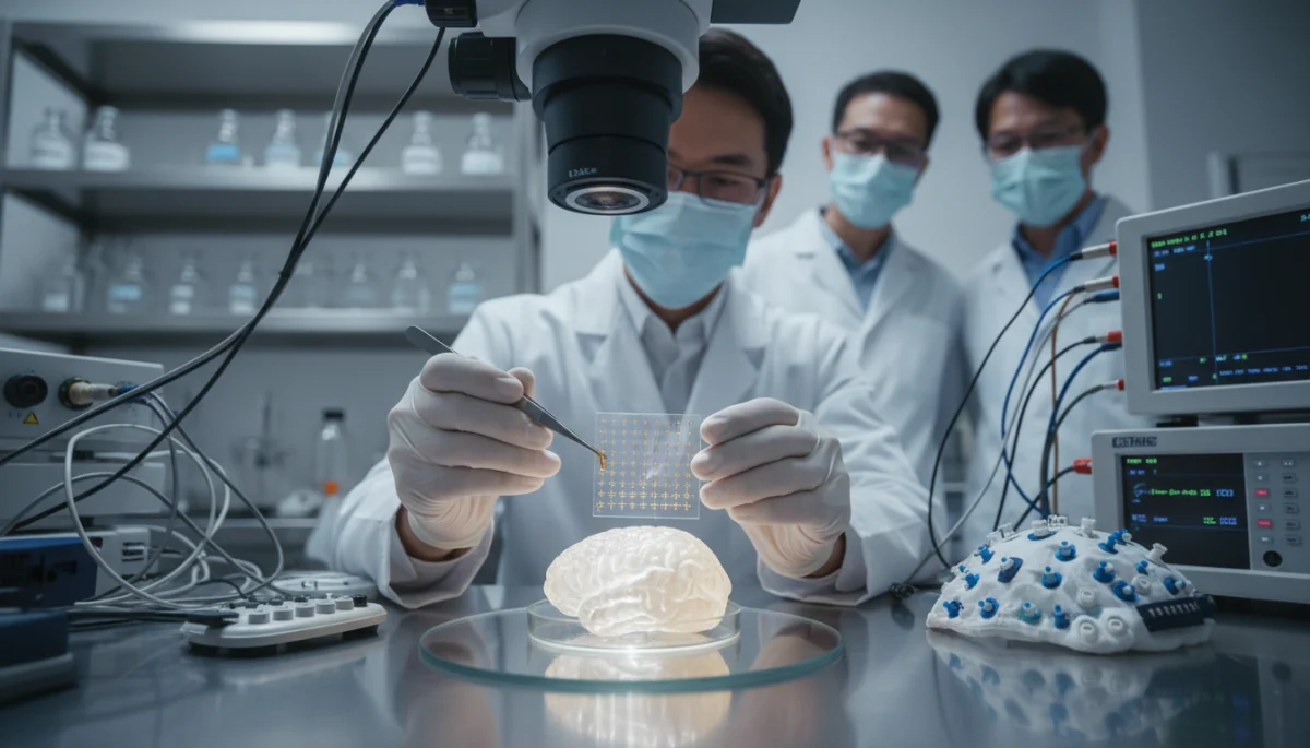 Microelectrode array being precisely positioned on a brain model in a research laboratory