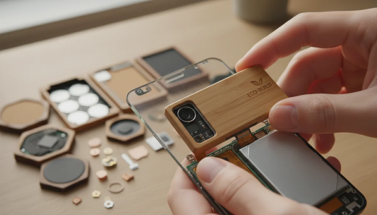 Hands assembling a modular smartphone with sustainable components, repairable electronics