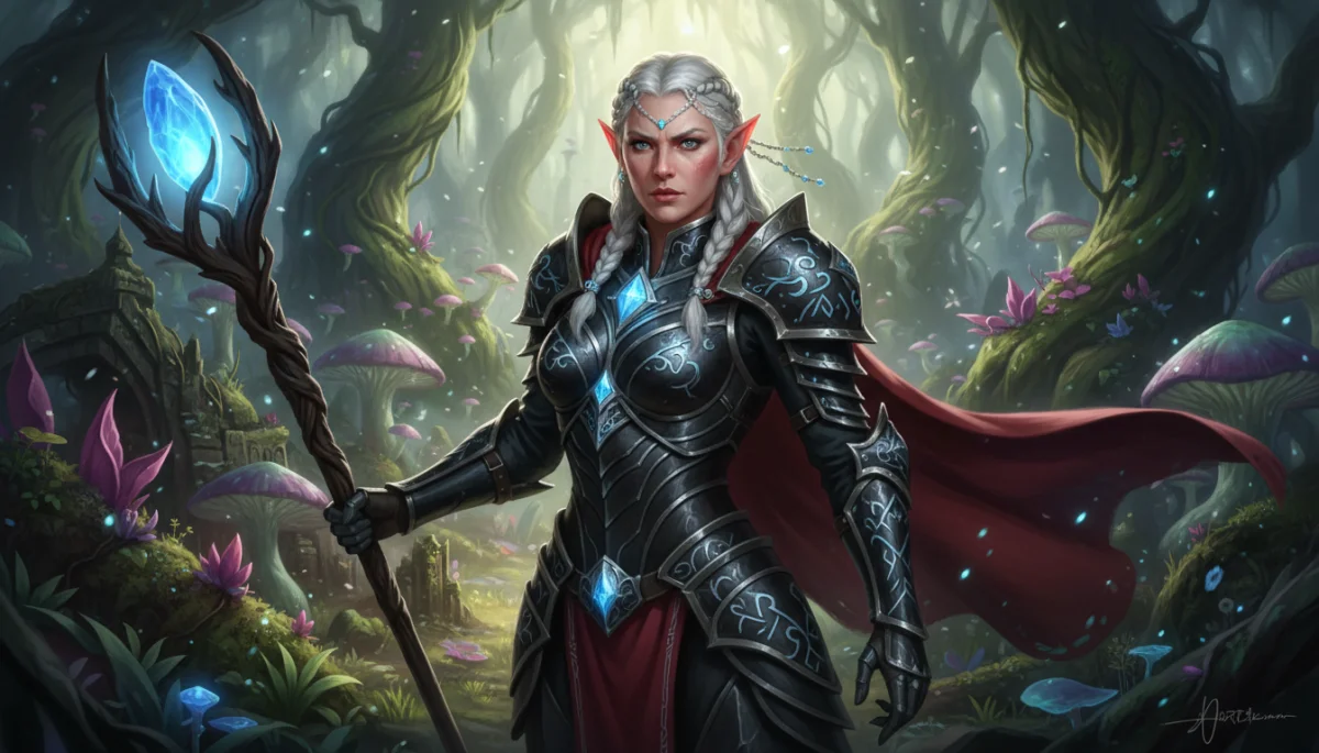 Detailed next-gen game character in fantasy environment