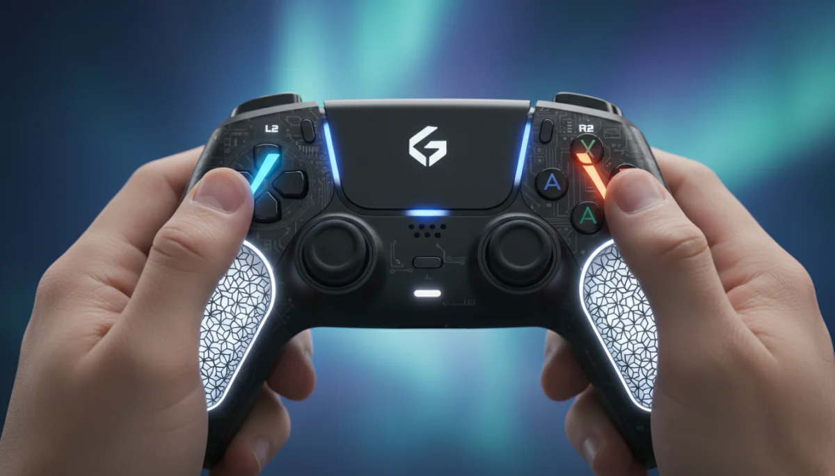 Close-up of a next-gen gaming controller with adaptive triggers and haptic feedback features