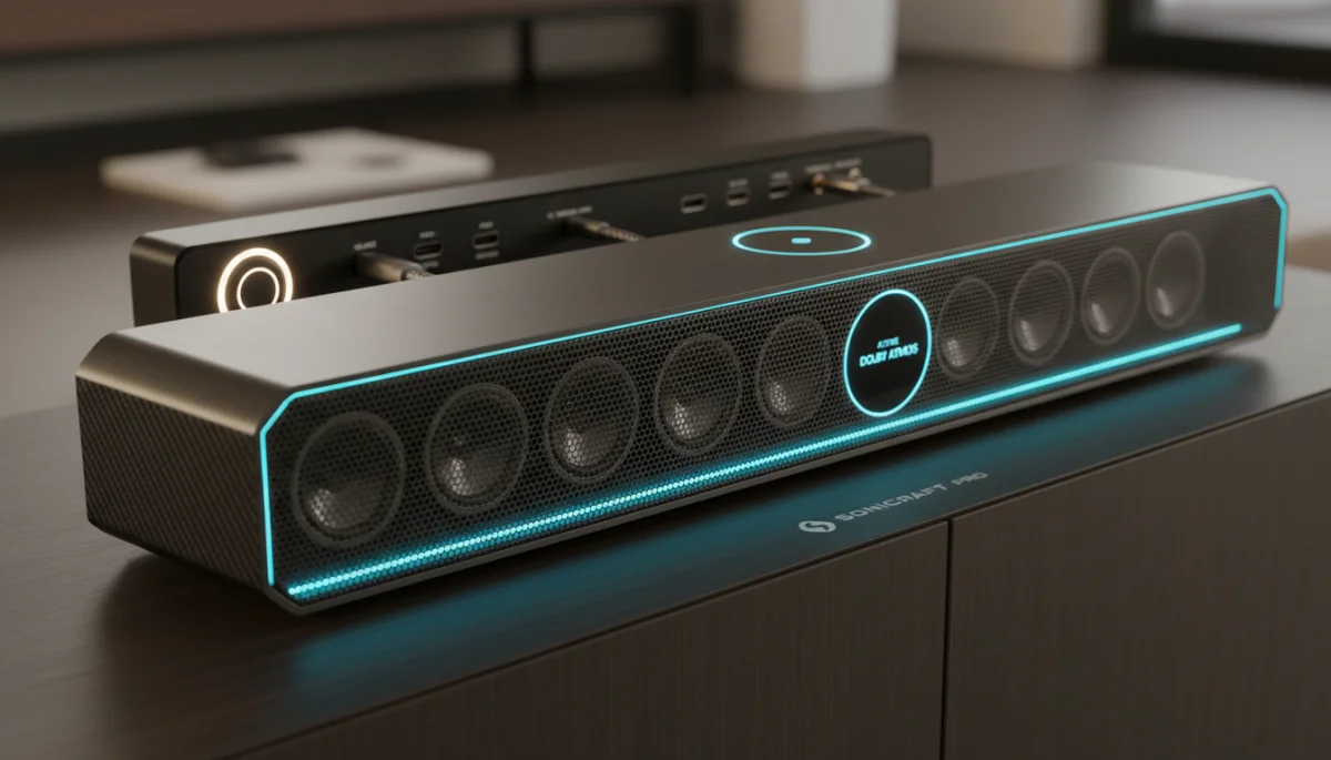 Close-up of a high-fidelity, next-generation soundbar with advanced features