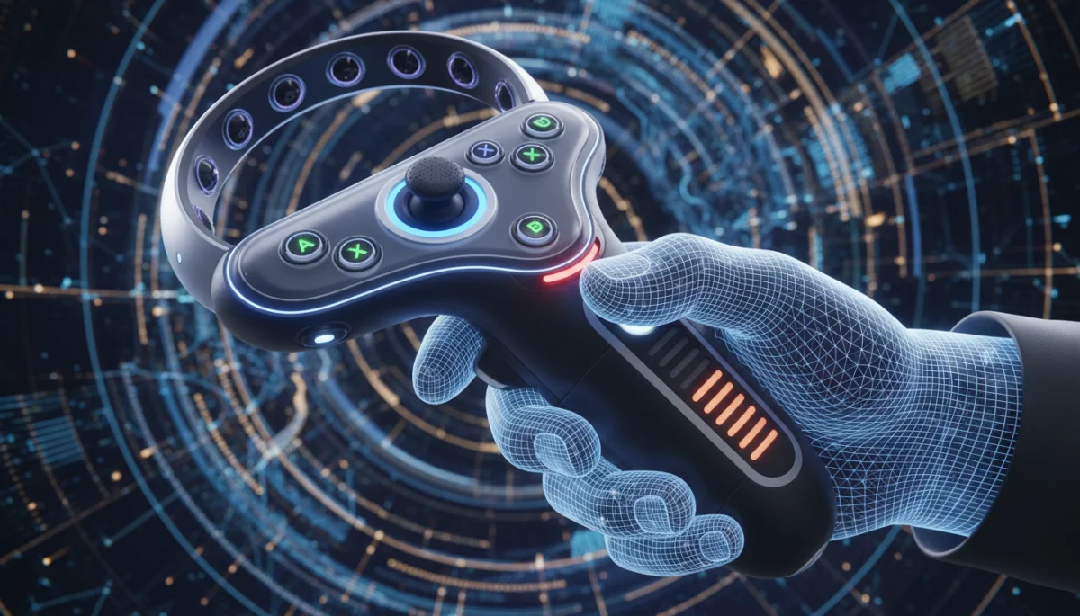 Detailed view of next-generation VR controller with haptic feedback