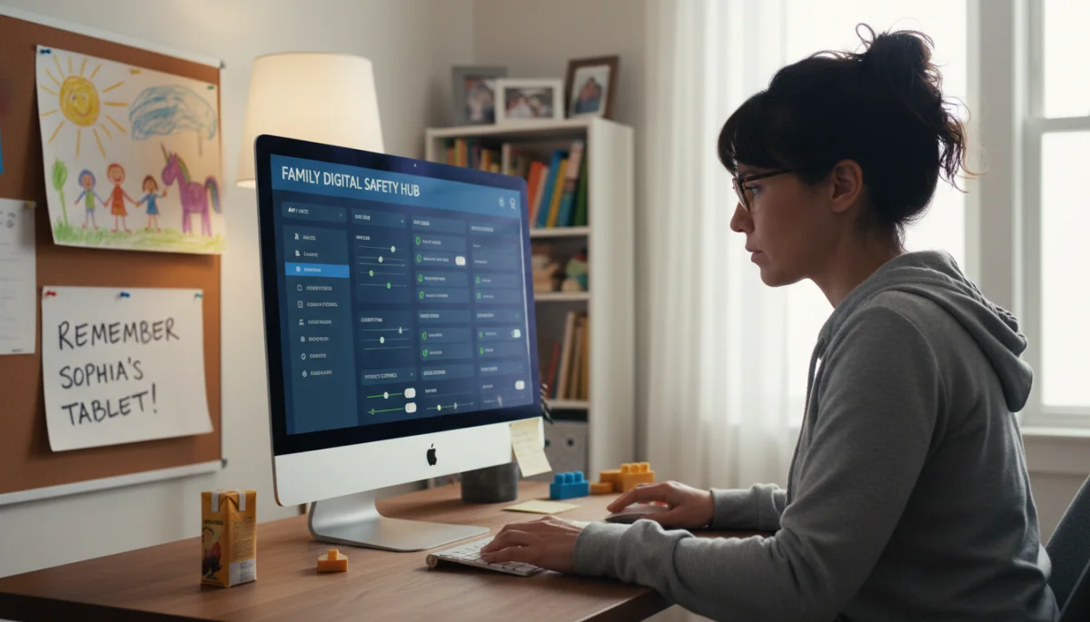 Parent configuring parental control settings on a computer for child's online safety