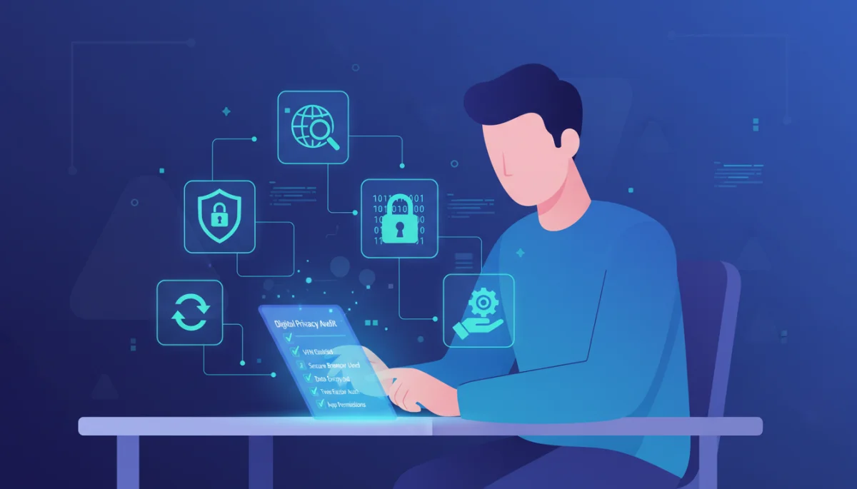 Person conducting a digital privacy checklist review on a tablet, surrounded by cybersecurity tools and symbols.