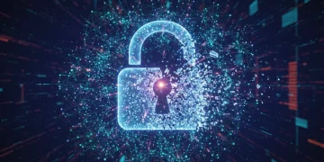 Quantum computing impact on data encryption, glowing qubits and fragmented padlock