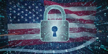 Futuristic digital padlock with quantum patterns over US flag, symbolizing quantum cybersecurity strategies.