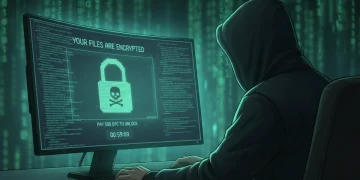 Hacker in front of ransomware code, symbolizing rising cyber threats