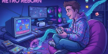 Modern gamer enjoying retro video game on classic console, surrounded by pixel art and vintage cartridges, symbolizing the retro gaming resurgence.