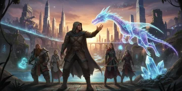 RPG characters interacting with advanced AI companion in a fantasy-futuristic setting.