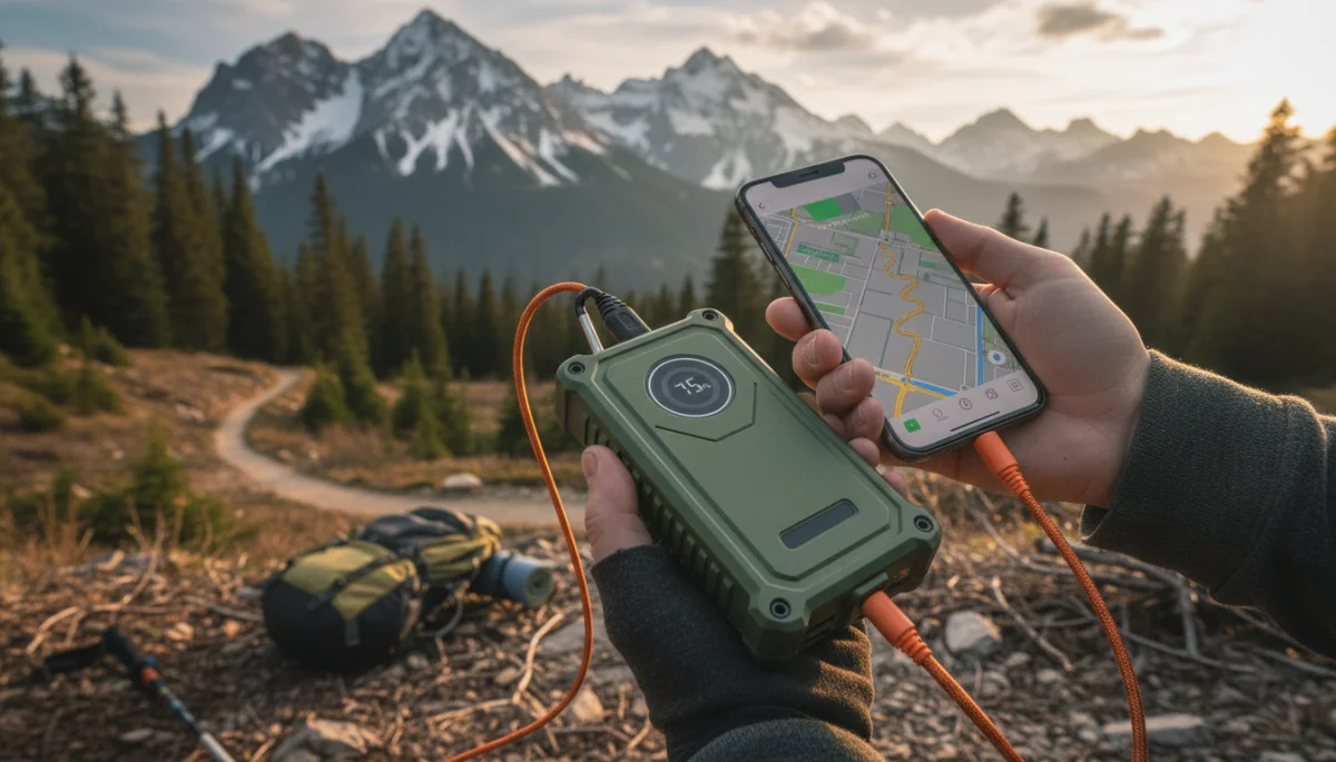 Rugged portable charger recharging a smartphone during a hiking trip