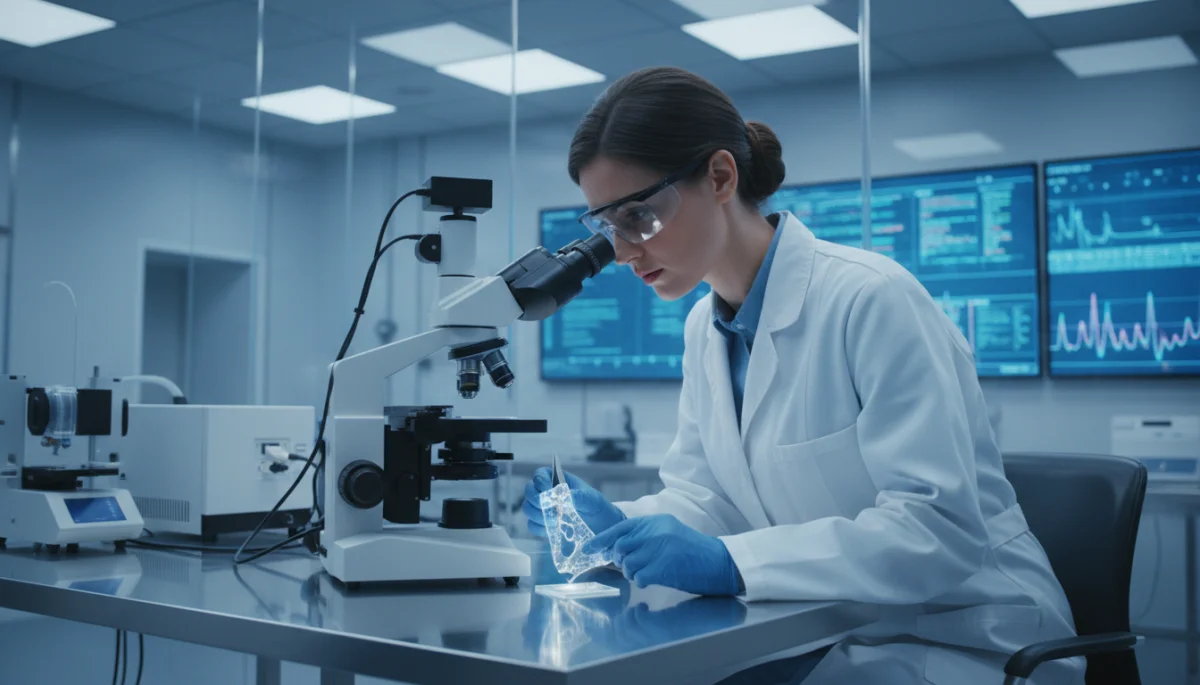 Scientist examining a flexible bio-integrated sensor in a lab