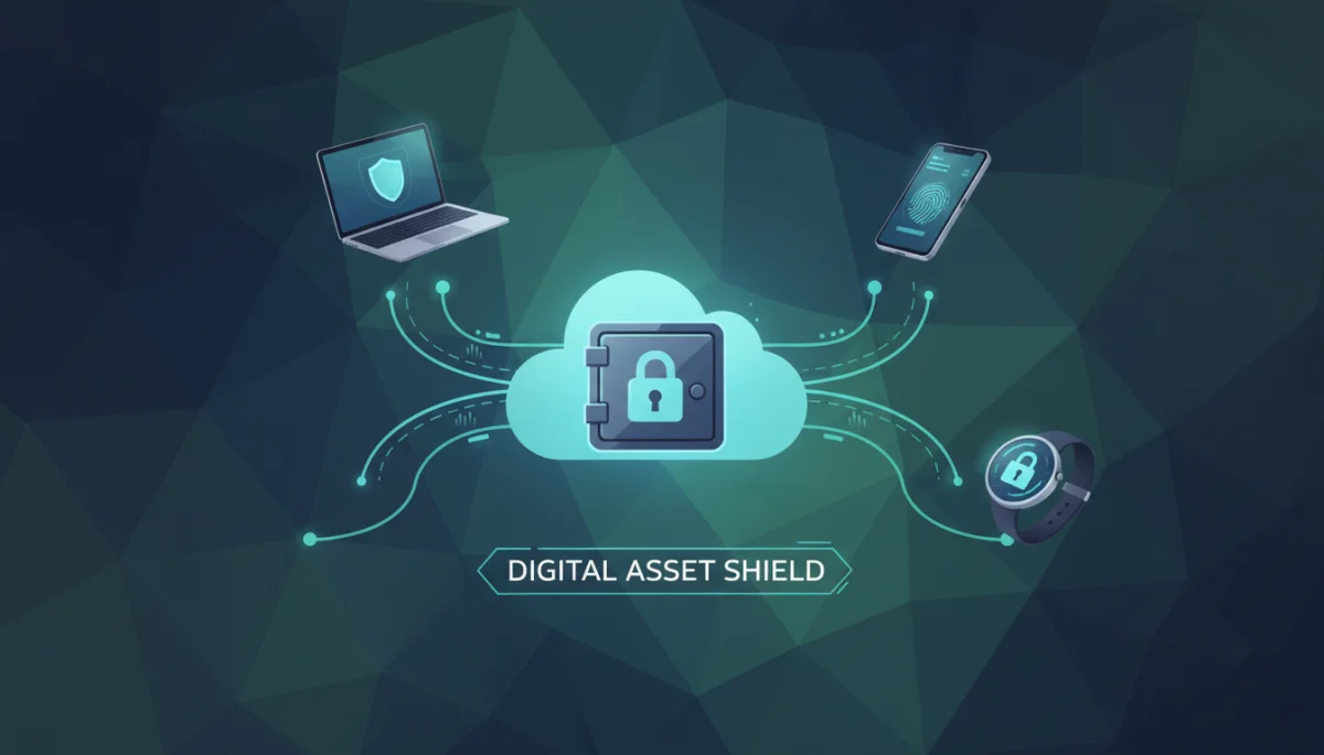 Digital devices securely connected to a central data vault, symbolizing organized digital asset management.