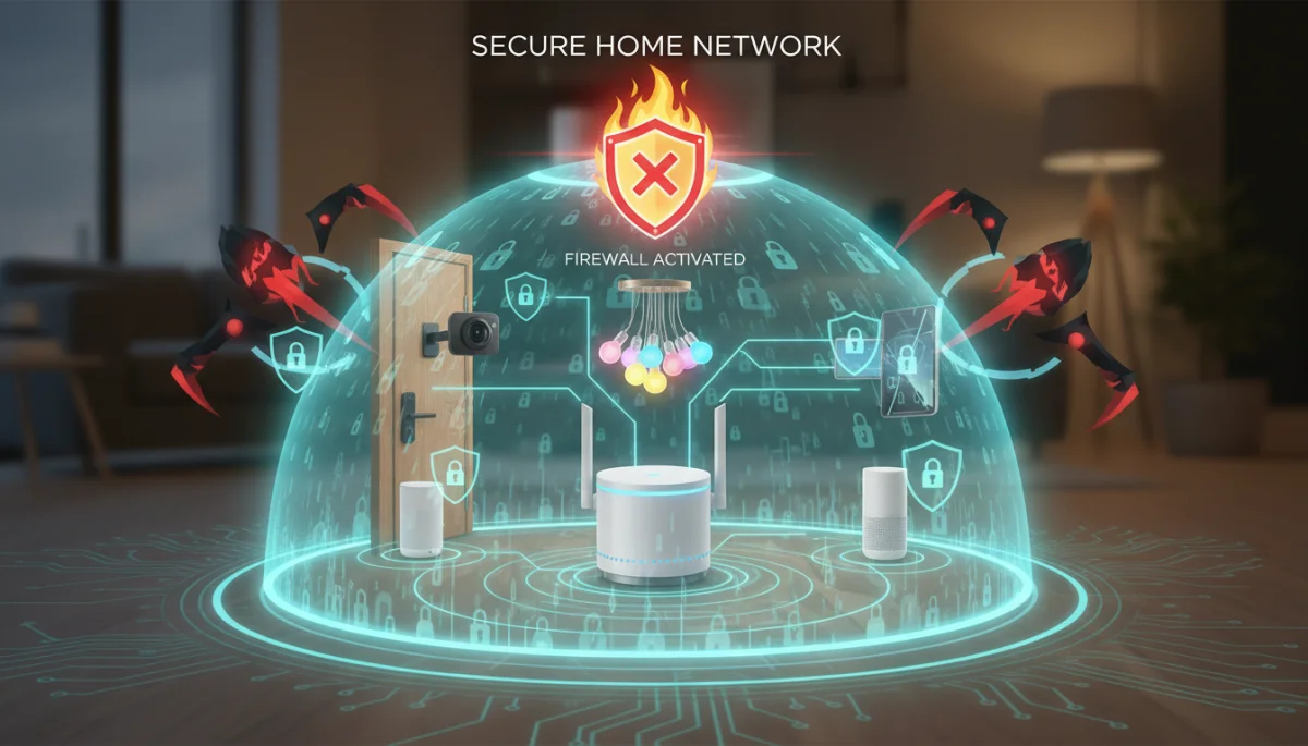Secure home network diagram with router, firewall, and connected smart devices.