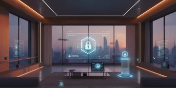 Secure smart home devices with digital security shields and lock icons