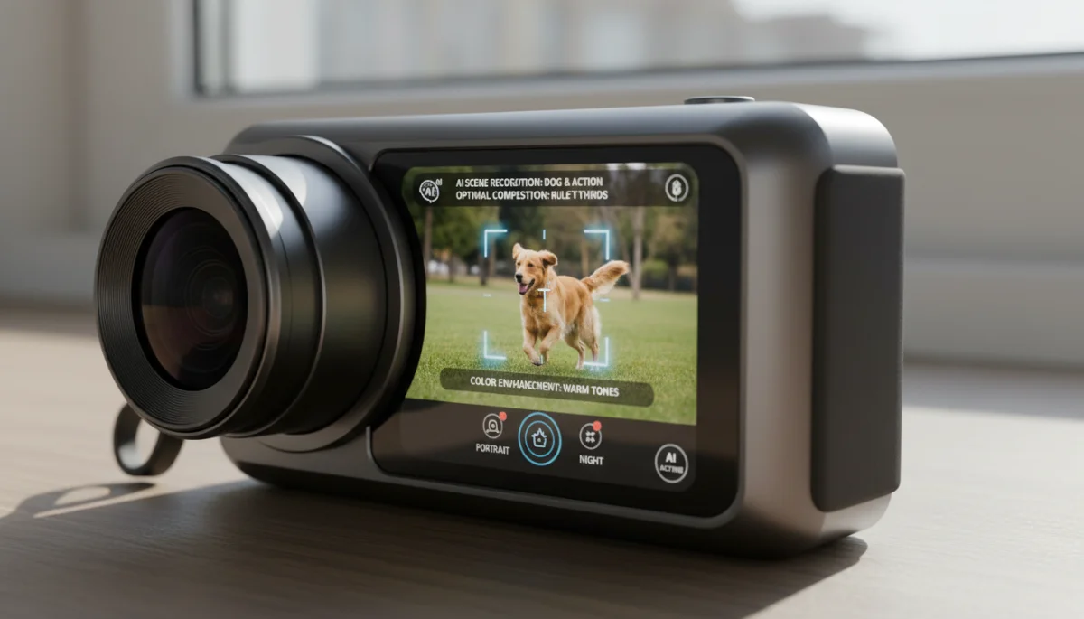 Close-up of a compact smart camera with AI-powered image enhancement interface on a touchscreen display.