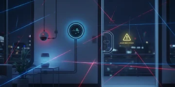 Smart home devices with digital lock showing security warning