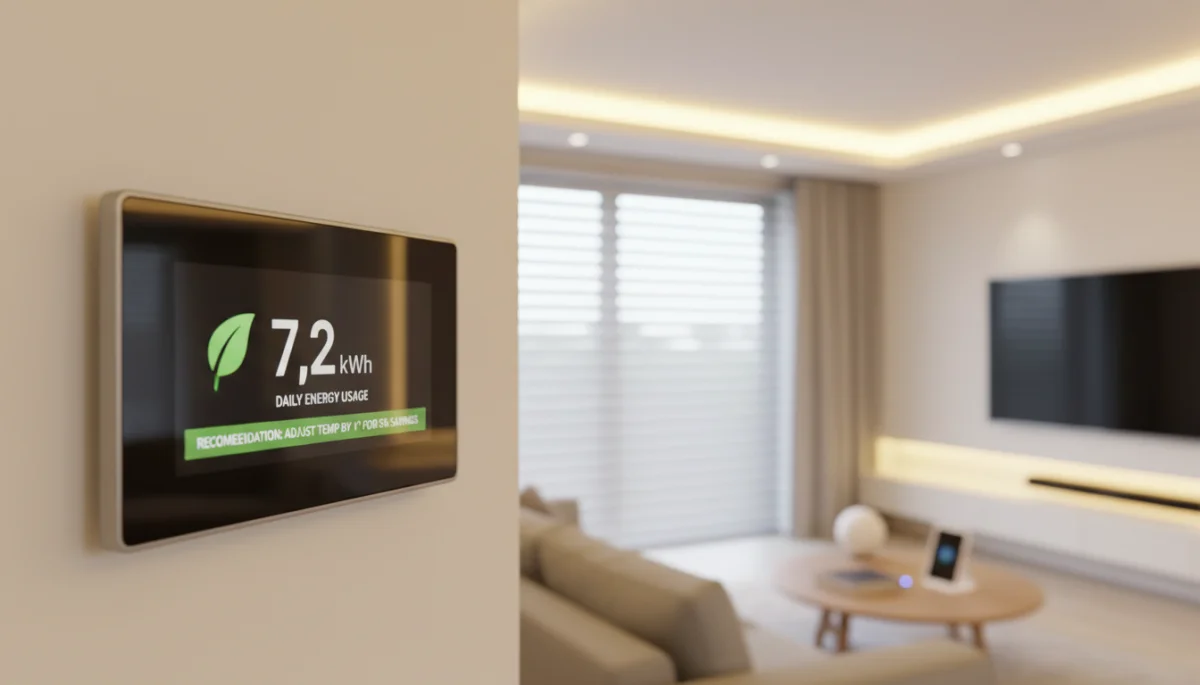 Smart home thermostat displaying energy usage data and efficiency tips