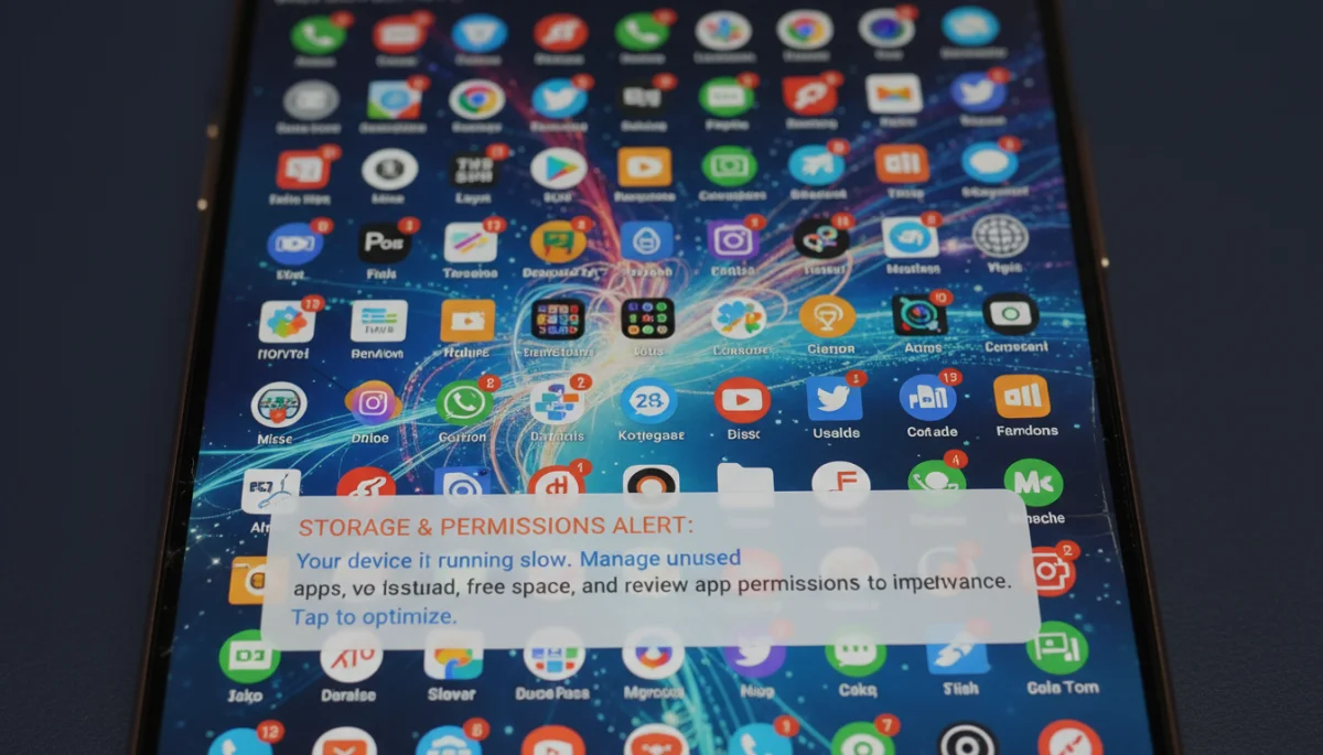 Smartphone screen showing cluttered apps and background processes, prompting optimization