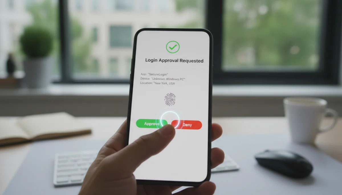 Smartphone displaying a push notification for login approval with fingerprint sensor.