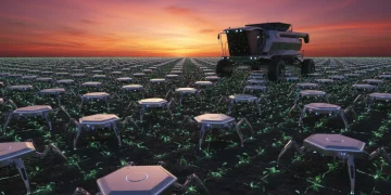 Swarm robots working in unison on a smart farm in the US, optimizing crop management.