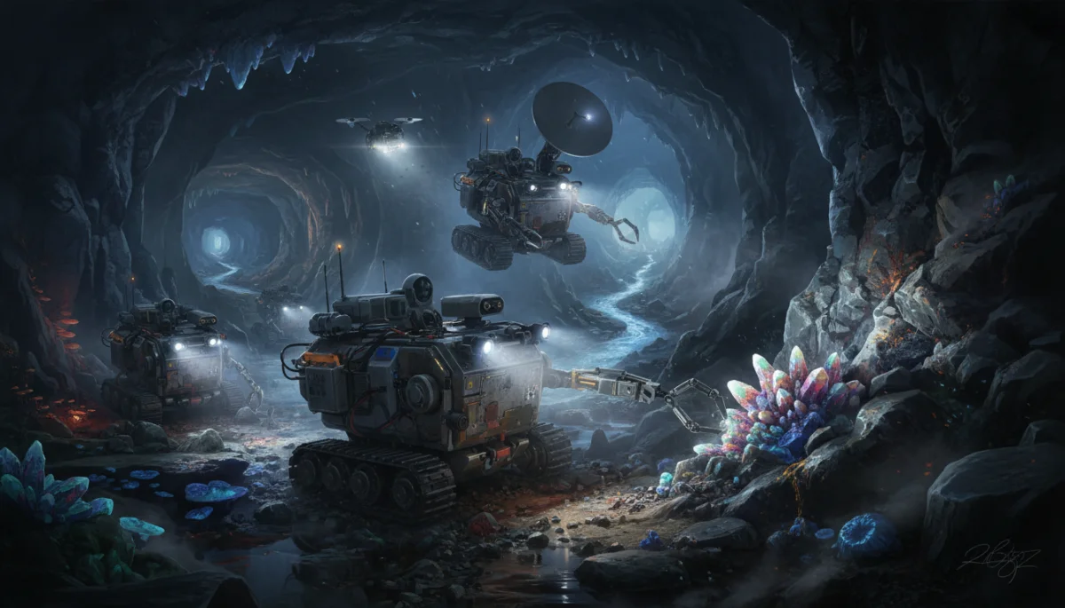Autonomous swarm robots exploring a subterranean cave, demonstrating advanced exploration capabilities.