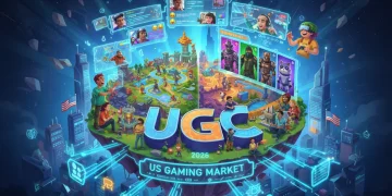 Dynamic gaming scene with user-generated content, diverse gamers, and digital growth trends in 2026.