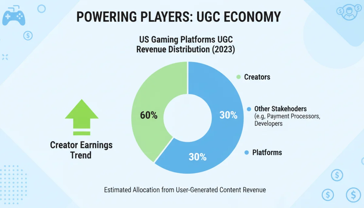 Infographic showing revenue distribution from user-generated content in US gaming, highlighting creator earnings.