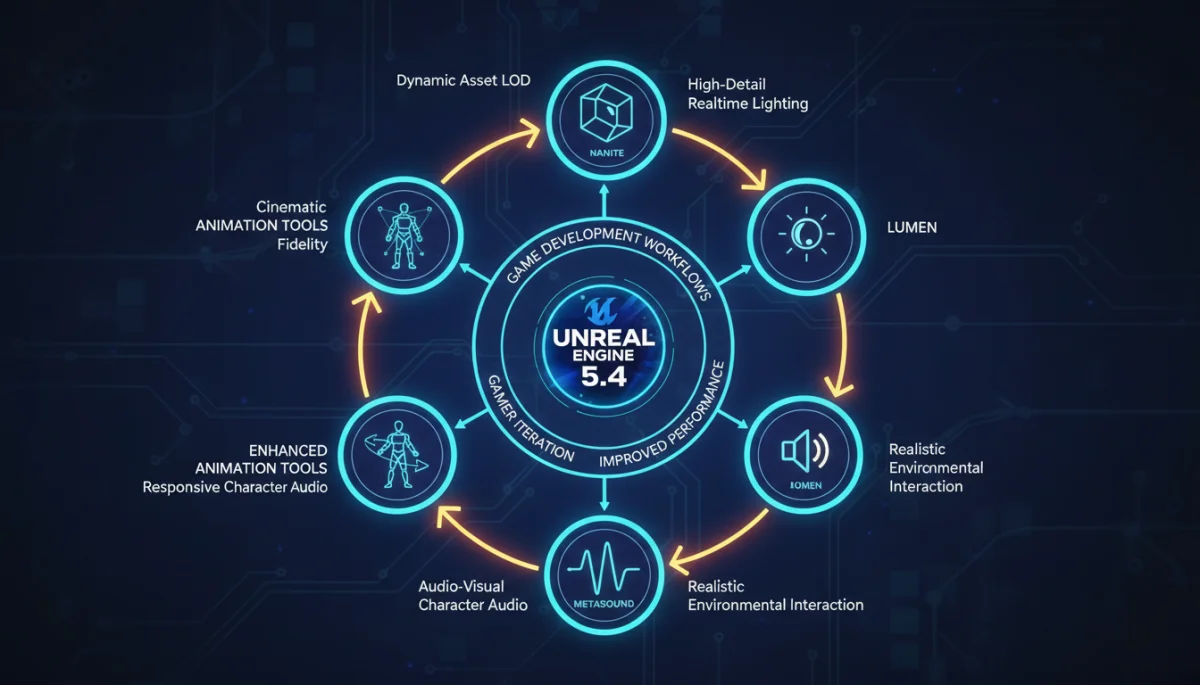 Diagram showing interconnected Unreal Engine 5.4 features like Nanite, Lumen, and animation tools, highlighting their impact on game development efficiency.