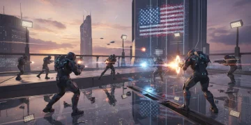 Unreal Engine 5.4 rendering a futuristic city with advanced graphics and dynamic characters, representing US game development for 2026 releases.