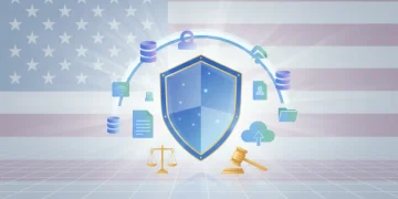 Digital shield protecting data, representing US data protection laws.