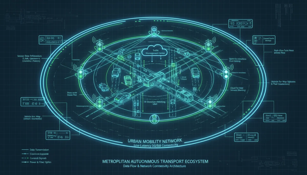 Diagram showing vehicle-to-everything communication and smart infrastructure for autonomous vehicles.
