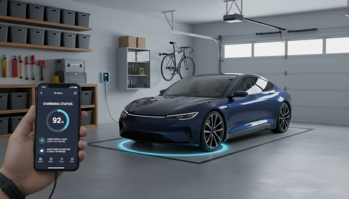 Electric car wirelessly charging in a smart home garage