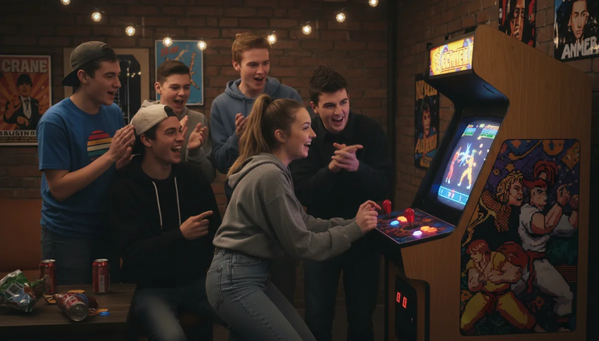 Young gamers enjoying a classic arcade game, highlighting the social appeal of retro gaming.