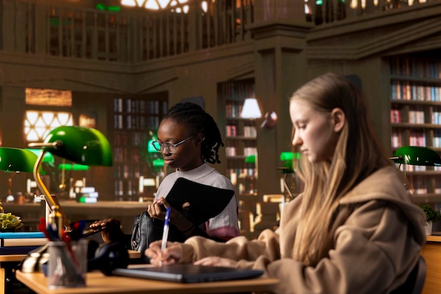 A diverse group of students sitting in a library, studying together and discussing their financial options, with emphasis on tablets and laptops displaying information about student loans and financial aid resources. The scene is bright and collaborative.