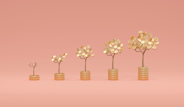 A conceptual image showing a rising graph line, symbolizing growth, with various coins and stacks of money around it, representing investment and financial gain.