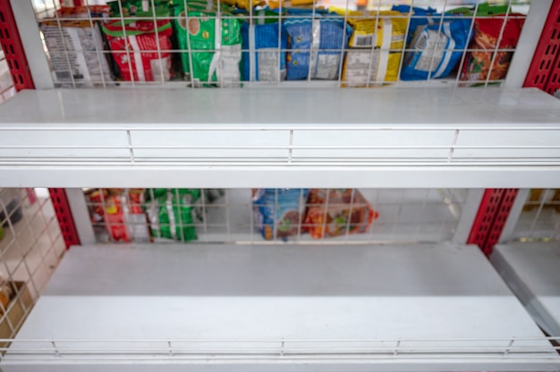 A split image showing a grocery store shelf in the left pane filled with items at normal prices and the same shelf in the right pane with the same items but marked with higher prices due to inflation.
