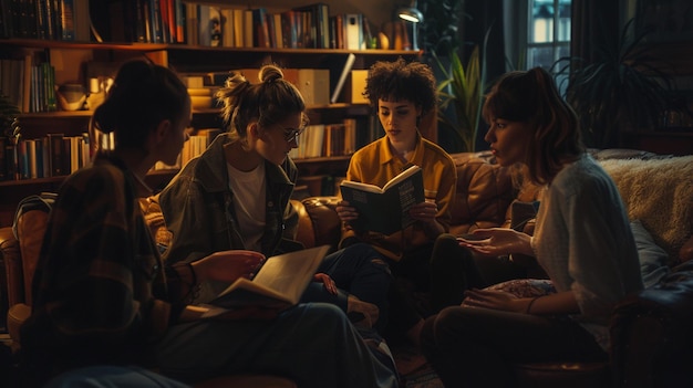 Students studying together in a library, with laptops and books. The lighting is warm, and the atmosphere is collaborative.